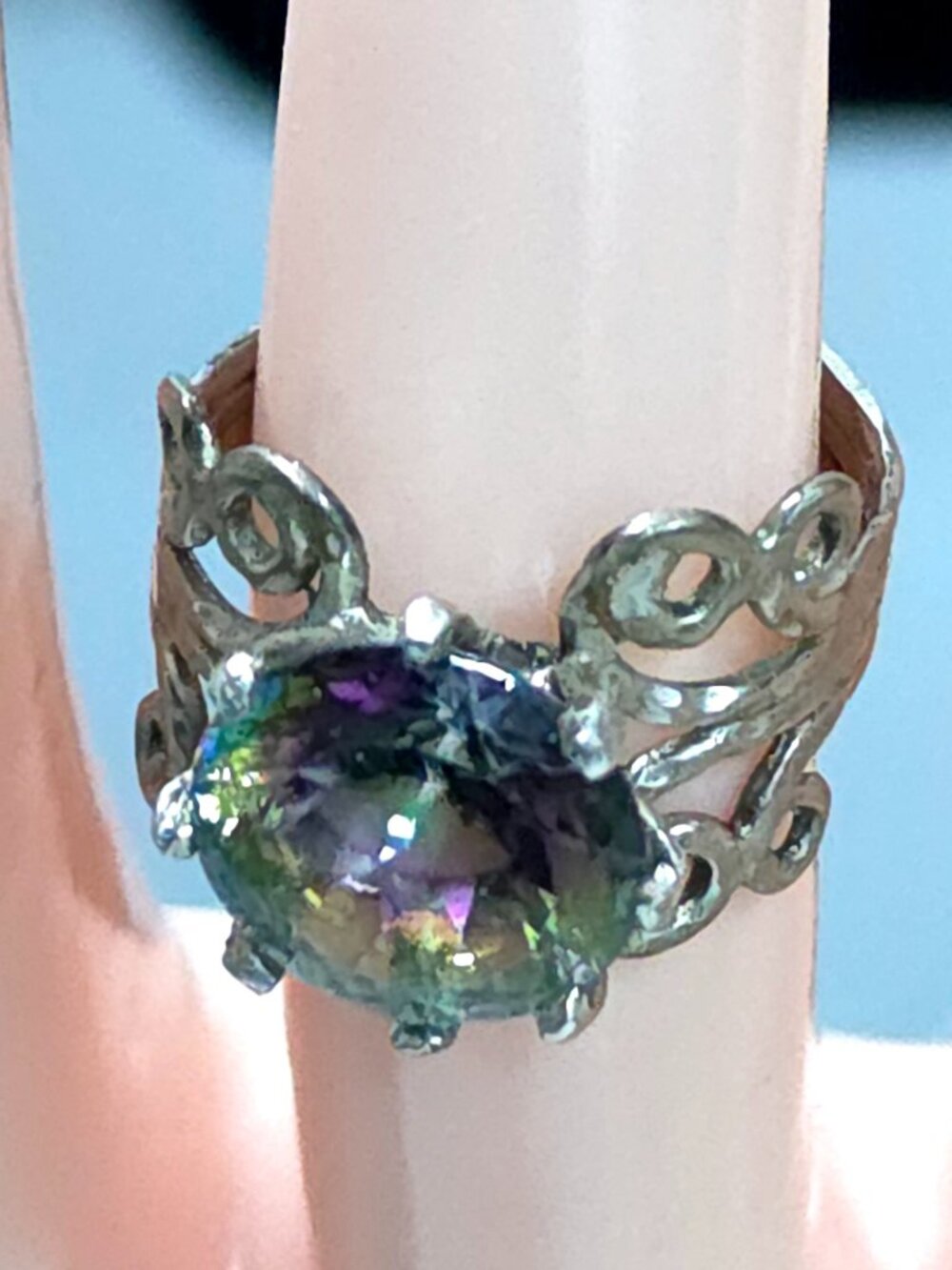 Sterling Silver Hammered Scroll Ring w/Mystic Topaz